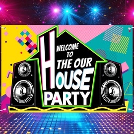 Retro 80s 90s Welcome to Our House Party Backdrop Banner, Old School Boombox Stereo Themed Background for Birthday, Hip Hop Party Decor, Photo Booth Studio Photography 72x43 Inch
