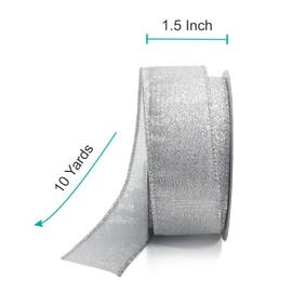 CT CRAFT LLC Silver Metallic Wired Ribbon 1.5 inch x 10 Yards for Christmas Home Decor Tree Topper Bow Gift Wrapping DIY Crafts Wreath Garland Wedding