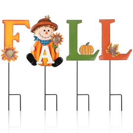 Fall Yard Stakes Lawn Decorations Outdoor, Metal Thanksgiving Fall Yard Signs with Scarecrow, Waterproof Fall Garden Stakes for Patio Pathway Autumn Harvest Outside Home Decor (Set of 4)