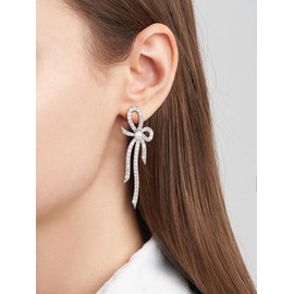 SWEETV KNOT EARRINGS K02, Cubic Zirconia Pearl Statement Earrings for Women, Silver Rhinestone Drop Dangle Bow Earrings for Wedding Bridal Prom Formal Party Gifts