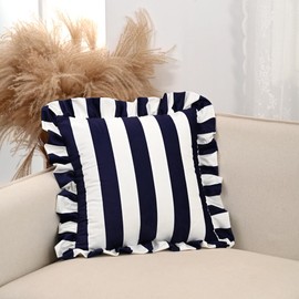 Striped Square Throw Pillow Covers 18x18 Set of 2 Dutchwool Ruffle Throw Pillow Cases for Bed Cotton Polyester Couch Covers Accent Pillowcases Sham Red and White Stripe Throw Pillowcases (Navy Blue)