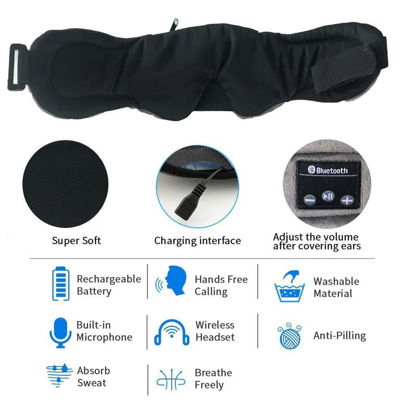 INF Sleep Mask with Built-in Wireless Headphones, Bluetooth 5.0, Black,