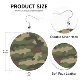 Swono Camouflage Round Faux Leather Earrings for Women Classic Style Masking Camo Print Woodland Forest Texture Disguise Lightweight Double-Side Printed Drop Dangle Earring for Gift