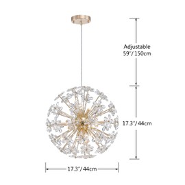 Shrine Lighting Dandelion Crystal Chandeliers, Modern Design, Firework Pendant Light Fixture for Living Space, H17'' x D17'', Adjustable Chains 59'', G9*9 Sockets, Brilliant Gold Finish Frame
