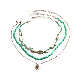 Pingyongchang Cowrie Shell Necklace for Women Ocean Wind Shell Imitation Pearl Necklace Set Rice Beads Shell Beach Necklace Layered Sea Shell Beads Choker Necklace for Women Summer Beach Jewelry-D