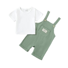 ZOEREA Toddler Baby Boys Clothes Summer Outfit Stripe T-Shirt and Shortall Romper Set Cute Jumpsuit （Green,3-4T）