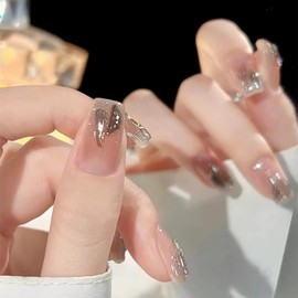 BABALAL Square Press on Nails Medium Fake Nails Glitter Glue on Nails Rhinestones Squoval Shiny Stick on Nails for Women and Girls