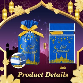 Trandraft 72 Pcs Eid Mubarak Gift Bags Plastic Treat Bags Drawstring Bags Eid Candy Goodie Bags Castle Moon Star Snack Wrap Bags for Eid Party Decorations Favors, 9.05 x 5.91 x 2 Inches