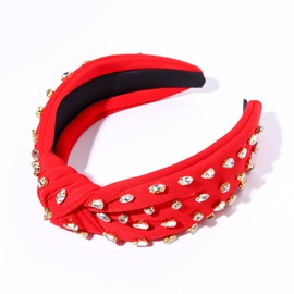 NVENF Valentine's Day Headband for Women, Crystal Beaded Jeweled Headbands, Red Top Knot Headbands Womens Valentine's Day Hair Accessories Outfits Gifts (B-Red)