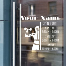 Sporty Woman with Dumbbells Custom for Business - Gym Fitness Decal with Woman Workout for Doors Windows - Gym Open Decal with Business Hours and Custom Name