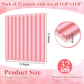Nuanchu 32 Pcs 3D Slat Wall Panels, 12"x12" PVC Fluted Wall Paneling for Interior Decor, Paintable Waterproof Textured Tiles for Living Room TV Background Gaming Room, 32 Sq. ft Coverage (Pink)