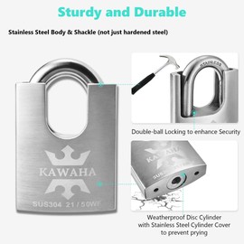 KAWAHA 21/50-2PS High Security Stainless Steel Shrouded Padlock with Stainless Steel Key for Both Indoor and Outdoor use (Heavy Duty, Anti-Rust) (2 in. (50mm), Keyed Alike - 2 Pack)