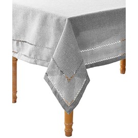 Hem Stitch Embroidered Vintage Design Tablecloth Gray 68" by 108" Oblong/Rectangle