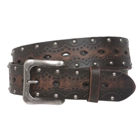 1 1/2" Snap on Perforated Studded Vintage Embossed Solid Leather Jean Belt, Brown | 34"