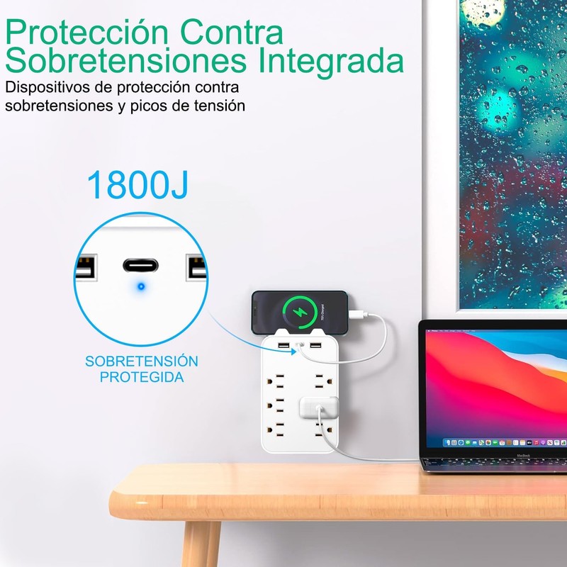 Multicontacto de Pared 6 Tomas con 3 USB, Protección Contra