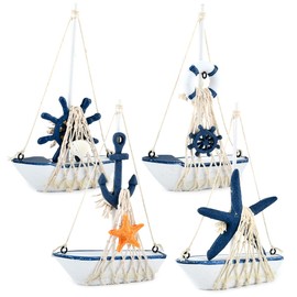OTYMIOW 4 PCS Mini Sailboat Model Decor, Vintage Nautical Handmade Wooden Sailboat Decor, Miniature Boat Decor, Sail Boat Decor for Home, Suitable for Beach Nautical Home Decor