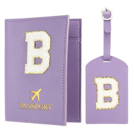 PATIKIL Passport Holder for Travel, Initial Passport Cover and Luggage Tag Set with Alphabet Chenille Letter Patch Travel Wallet Bag Suitcase Identifier for Women Family Travel Purple B