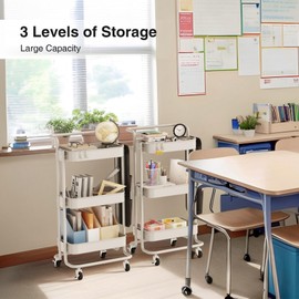 Merapi 3 Tier Metal Rolling Cart with Table Top, Lockable Wheels & Side Bags, Utility Cart for Teachers, Rolling Storage Cart, Art Craft Cart with 4 Hooks for Kitchen Bathroom Office Classroom White
