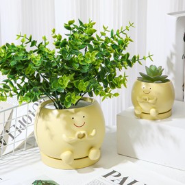 SiliFine 2 Pcs Smile Face Planters Pots with Drainage Hole, 6'' Head Planters 3.6'' Cute Resin Flower Pot for Indoor Plants, Succulent Pots for Plant Lover Gift(Heart)