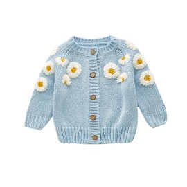 HKYFNNBW-Fall Toddler Knitted Cardigan Daisy Embroidery Round Neck Long Sleeve Jacket Casual Tops Baby Fall Clothing (Blue, 18-24 Months)