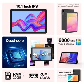 10 Inch Tablet Android 15 Tablets with Case 20GB(4+16) RAM+128GB ROM, 6000mah Battery 10 in Android Tableta, 2MP+8MP Dual Camera 10.1'' IPS HD Touch Screen Tab. (Black)