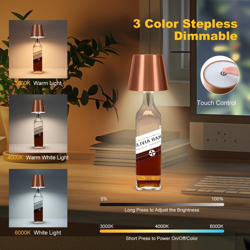 SOUDFK Wireless Bottle Lamp, 2026 New 3 Color Rechargeable Led