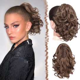 FESHFEN Ponytail Extensions, Claw Clip Ponytails Extension Curly Wavy Hair Piece Synthetic Pony Tail Hairpieces for Women, Light Golden Brown 10 inch