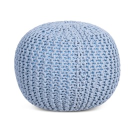 BirdRock Home Round Pouf Foot Stool Ottoman - Knit Bean Bag Floor Chair - Cotton Braided Cord - Great for The Living Room, Bedroom and Kids Room - Small Furniture (Soft Blue)