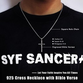 LOFITOR Sterling Silver Cross Necklace for Men Women 18K Gold Plated Bible Verse Dainty Cross Necklace 2mm Stainless Steel Square Rolo Chain S925 Crucifix Pendant Necklace Faith Jewelry Present Joshua 1:9 26 Inche
