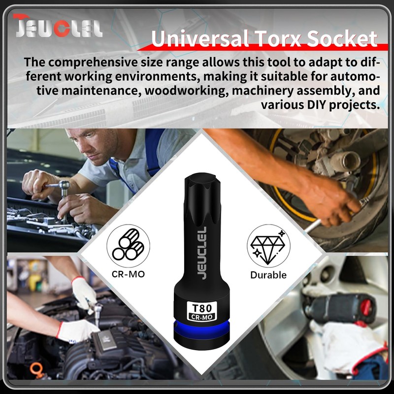 JEUCLEL T80 Torx Bit Socket, 1/2" Drive Torx Star 6