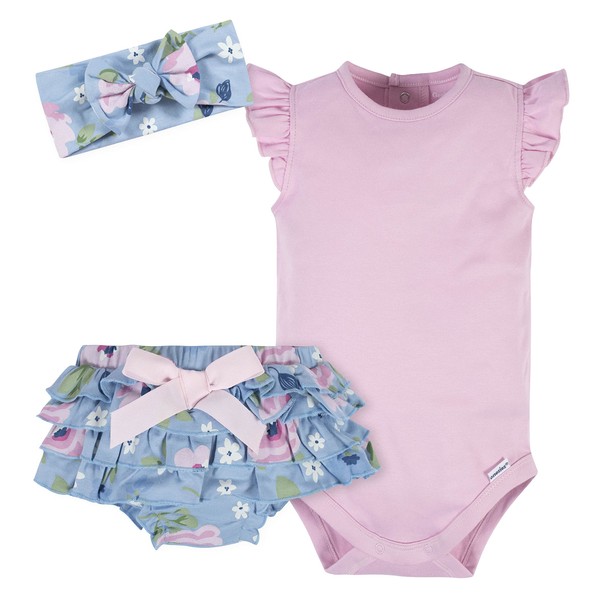 Gerber Baby-girls - Conjunto de 3 piezas de manga corta, funda para pañales y diadema, Azul rosa, 0-3 meses