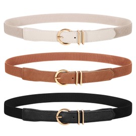 WERFORU 3 Pack Women Elastic Waist Belt Gold Buckle Belt,Black+Beige+Brown