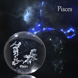 3D Inner Carving Constellation Ball Crystal Paperweight Full Sphere Glass Fengshui With Sliver-Plated Flowering Stand(Pisces)