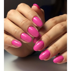 Morily Hot Pink Press on Nails - Glossy Short Oval Fake Stick on Nails, Reusable Full Cover Artificial False Fingernails for Women, 24 Pcs in 12 Sizes