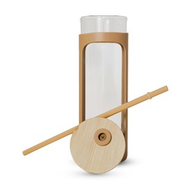 haelo 20oz Glass Tumbler Water Bottle, Iced Coffee Cup with Straw, Silicone Protective Sleeve, Bamboo Lid Reusable BPA Free (Amber)