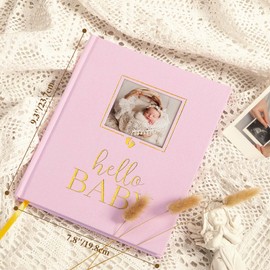 Lanpn Hello Baby Memory Book, Newborn First 5 Year Keepsake with DIY Window, Linen Baby Book Memories Journal Scrapbook Photo Book, Baby Milestone Album for Boy Girl New Parents (Pink, 154 Pages)