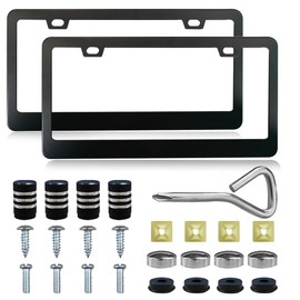 DUSCOKE 2PCS Matte Black Car License Plate Frames, Heavy Duty Stainless Steel Front Rear Car Tag Cover with Chrome Screw Cap, Universal 2 Holes Rust-Proof License Plate Holder Cover (Black)