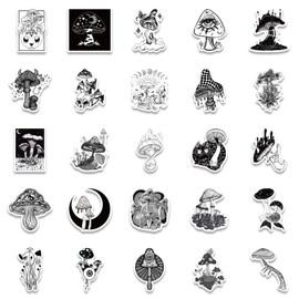 Goth Style Mushroom Stickers Pack Gothic Stickers Aesthetic Pack of 50 Black and White Waterproof Decorative Vinyl Small Stickers for Guitar, Water Bottle, Luggage, Tablet, Phone, Notebook
