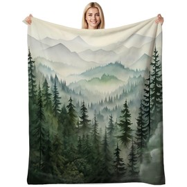 soeeao Sage Green Forest Throw Blanket Nature Mountain Cabin Tree Flannel Blankets for Couch Bed Living Room Sofa, Decorative Patterned Super Soft Cozy, 50x60 in