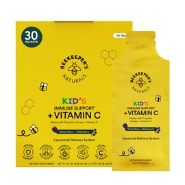 Beekeeper's Naturals Kid's Immune Liposomal Vitamin C, 500 mg Vitamin C, Elderberry, Vitamin D, Propolis & Honey, Kid-Friendly Immune Support - Mixed Berry Flavor, Easy to Use, Bioavailable, 30 Ct