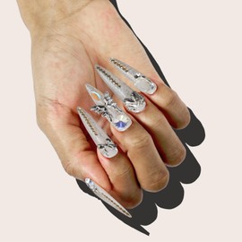 Krystil Press On Nails - 24 Nails Kit, Silver Acrylic Nails 3D Butterfly Bow Stick on False Nails, Stiletto Reusable Fake Nails with Glue | Salon Quality | Romance