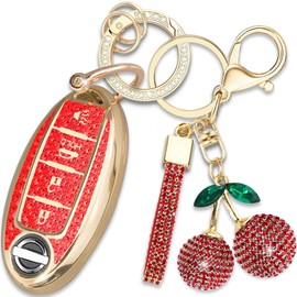 Yekoubo Key Fob Cover with Cherry Keychain, Soft TPU Smart Key Case for Daily Carry, Compatible with Nissan Altima Murano Sentra Rogue Pathfinder Armada Leaf Titan Maxima Kicks Versa (4-Button, Red)
