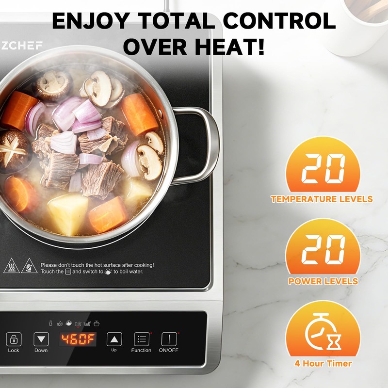 AMZCHEF 1800W Induction Cooktop Commercial: Large 8" Heating Coil Induction