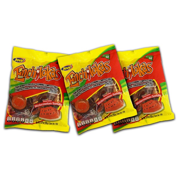 Jovy Enchilokas Watermelon Flavor & Tamarind Covered Gummies with Chilli | Mexican Candy, Chilli - Covered Snacks Pack of 3 6oz each
