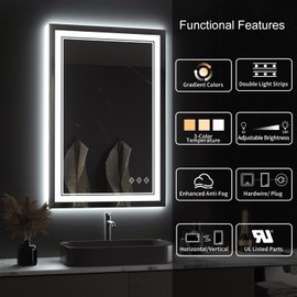 VanPokins LED Mirror for Bathroom, 24x36 Inch Gradient Front and Backlight LED Bathroom Mirror, 3 Colors Dimmable CRI>90 Double Lights, Enhanced Anti-Fog, Hanging Plates Wall Mount Lighted Mirror