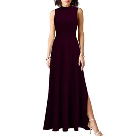 WOOSEA Women Sleeveless High Neck Split Evening Cocktail A-Line Long Dress Burgundy