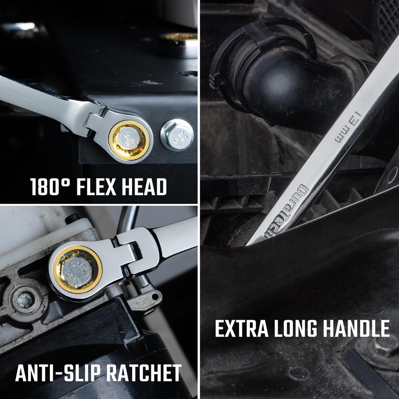 DURATECH Extra Long Anti-Slip Flex-Head Ratcheting Wrench Set, Double Box