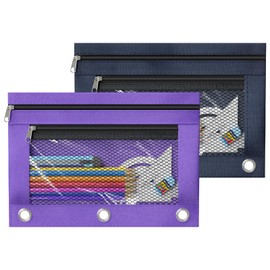 DoDoMagxanadu Binder Pencil Pouches, Pencil Pouch for 3 Ring Binder, Double Pocket Clear Window Pencil Case for Binder, Zippered Pencil Pouches with Rivet Enforced 3 Ring, 2 Pack (Navy Blue)