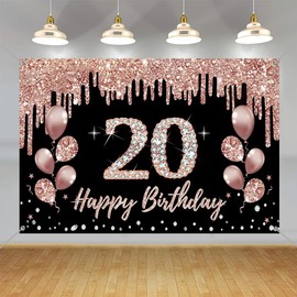 20th Birthday Decorations for Girls, Party Decoration Black and Rose Gold, 20th Birthday Fabric Sign Hanging Poster, 20th Birthday Backdrop Banner Party Welcome Sign