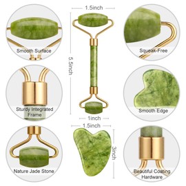 Jade Roller for Face 100% Natural Facial Stone Gua Sha Massager Tool Set for Neck Eye Treatment Anti-aging Skin Tightening Rejuvenate Remove Wrinkles and Puffiness (Green)